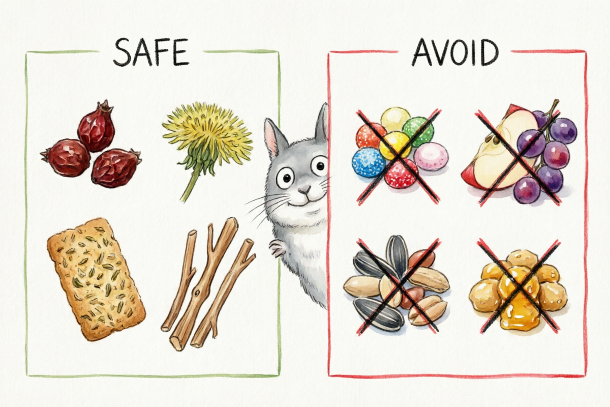 Hand-drawn watercolor comparison illustration showing safe versus unsafe chinchilla treats in two clear groups — left green-bordered SAFE section displays dried rose hips, dandelion flowers, timothy hay biscuits, and apple wood sticks, right red-bordered AVOID section shows yogurt drops and fresh fruit slices and seed mix and honey-coated treats each marked with red X, cute chinchilla face peeking from behind safe treats section looking happy, soft watercolor washes with warm earth tones in safe section and cooler warning tones in avoid section
