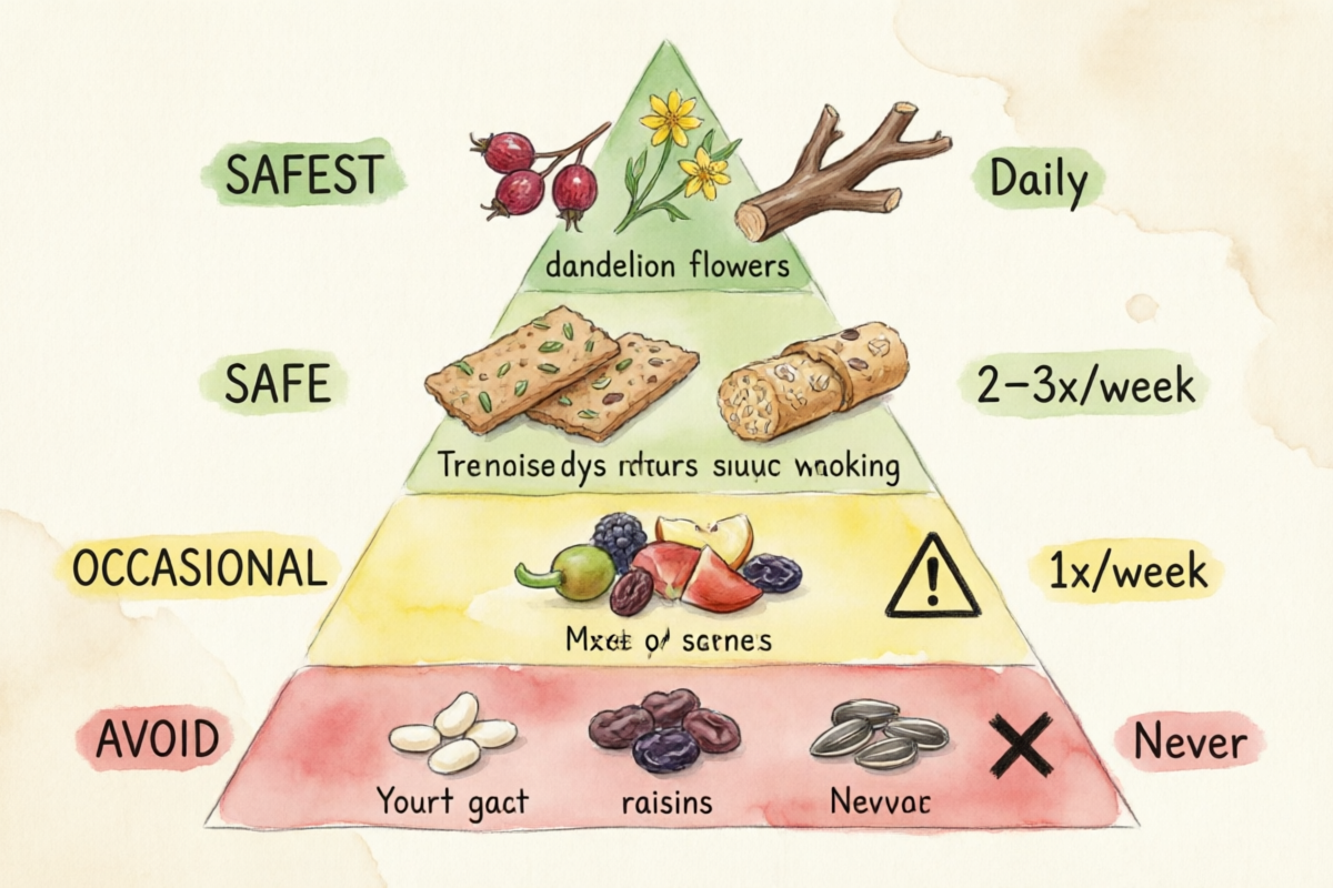 Hand-drawn watercolor infographic illustrating four-tier chinchilla treat safety hierarchy as a vertical stepped pyramid — top green tier SAFEST shows dried rose hips and dandelion flowers with green checkmark, second light green tier SAFE shows timothy hay biscuits with single checkmark, third yellow tier OCCASIONAL shows formulated treats with warning symbol, bottom red tier AVOID shows yogurt drops and raisins with bold X mark, each tier labeled with frequency guidance on right side, soft cream background with watercolor wash effects