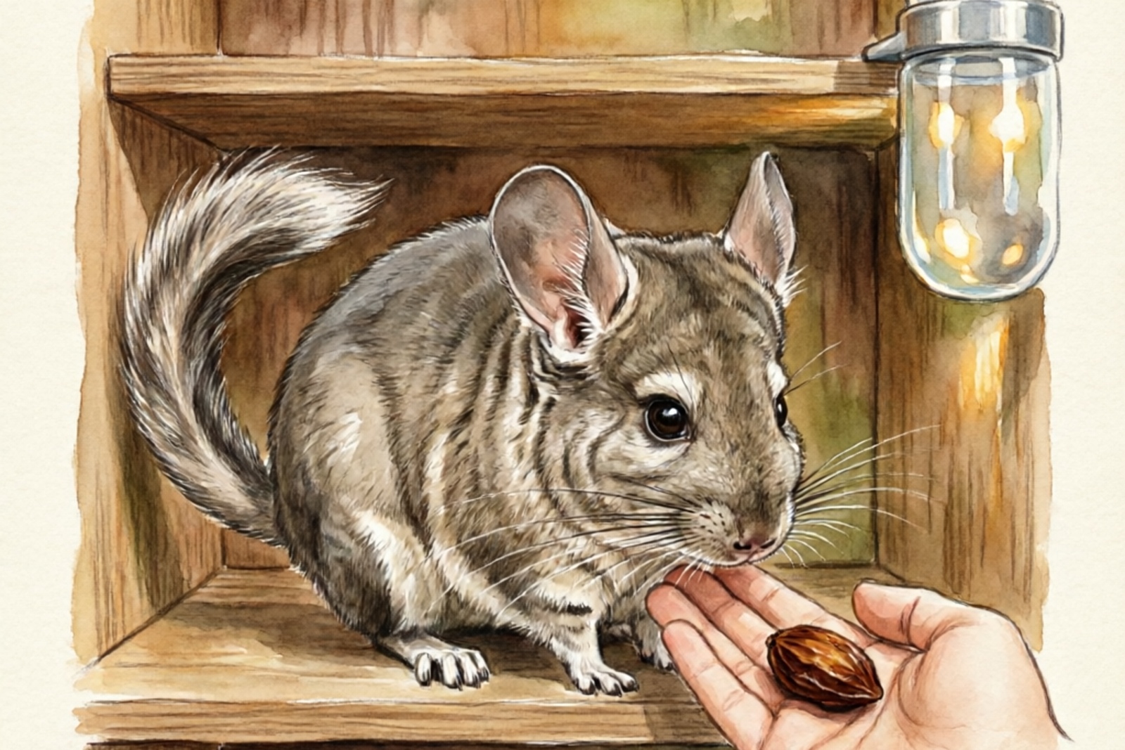 Correct approach to a fearful chinchilla — hand extended palm-down at cage level with a treat