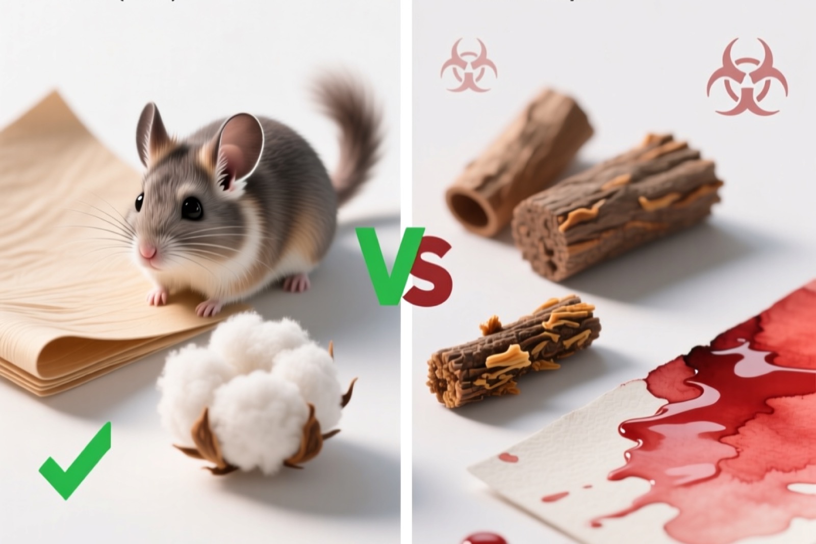 Split educational image — left side showing safe bedding materials (aspen shavings, paper bedding, fleece swatch) with green indicators, right side showing unsafe materials (cedar shavings, cotton balls, clay cat litter) with red indicators, clean white background