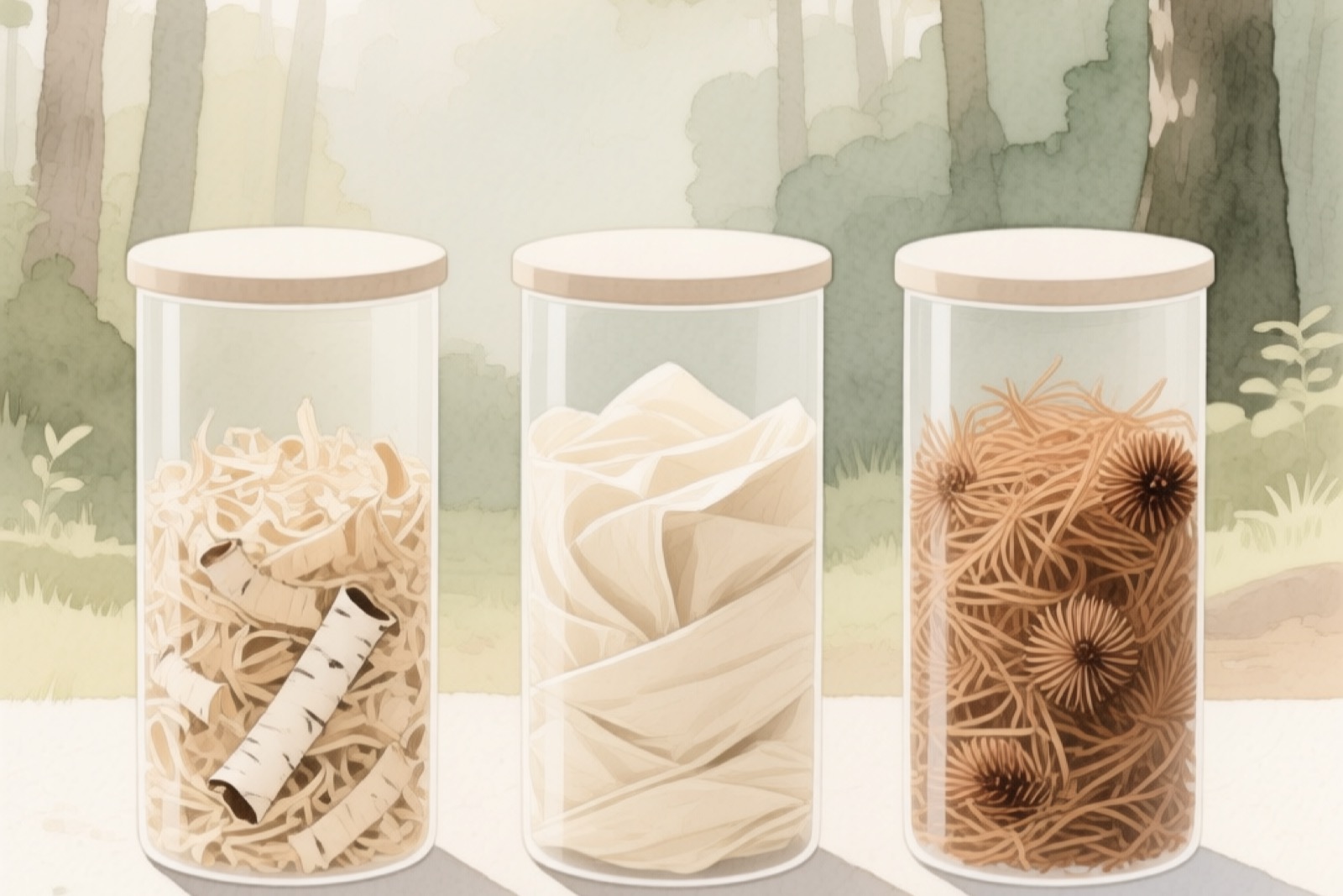 Side-by-side comparison showing three bedding types in shallow trays — aspen shavings on the left (light tan wood chips), Carefresh paper bedding in the middle (white crinkled paper), and a folded fleece liner on the right (gray fabric with visible texture), all at the same depth