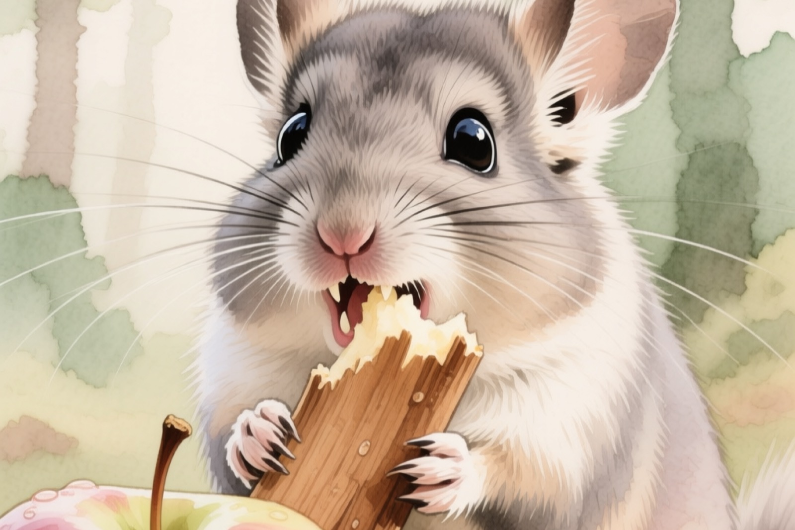 Close-up of a chinchilla gnawing on an apple wood chew stick hanging from the side of a wire cage, wood shavings visible below, the chinchilla's whiskers and paws in focus