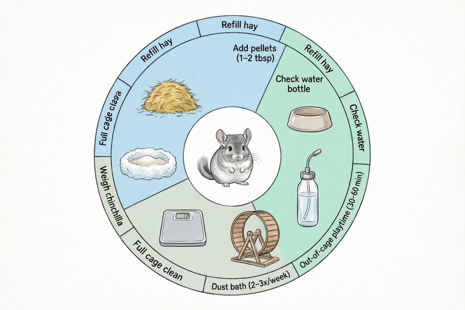 Chinchilla daily care routine infographic showing morning and evening feeding schedule, weekly dust baths, exercise, and health checks