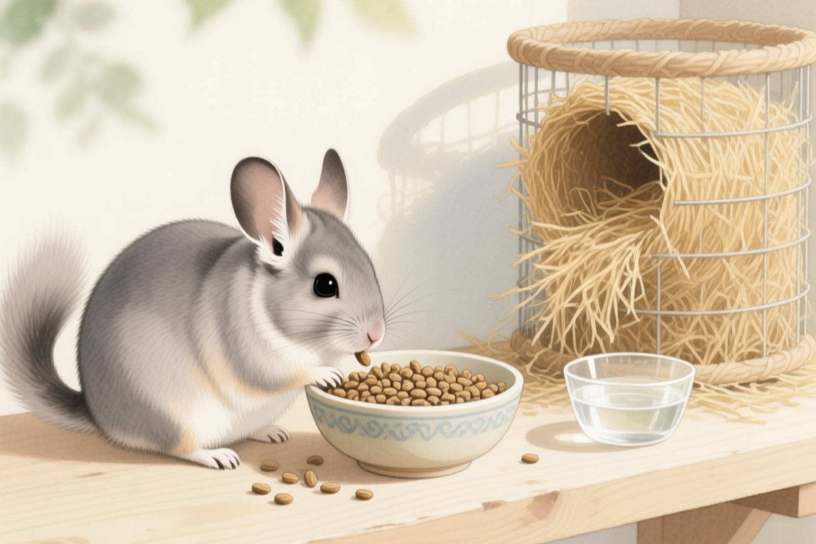Chinchilla feeding setup with ceramic bowl, hay rack, and water bowl