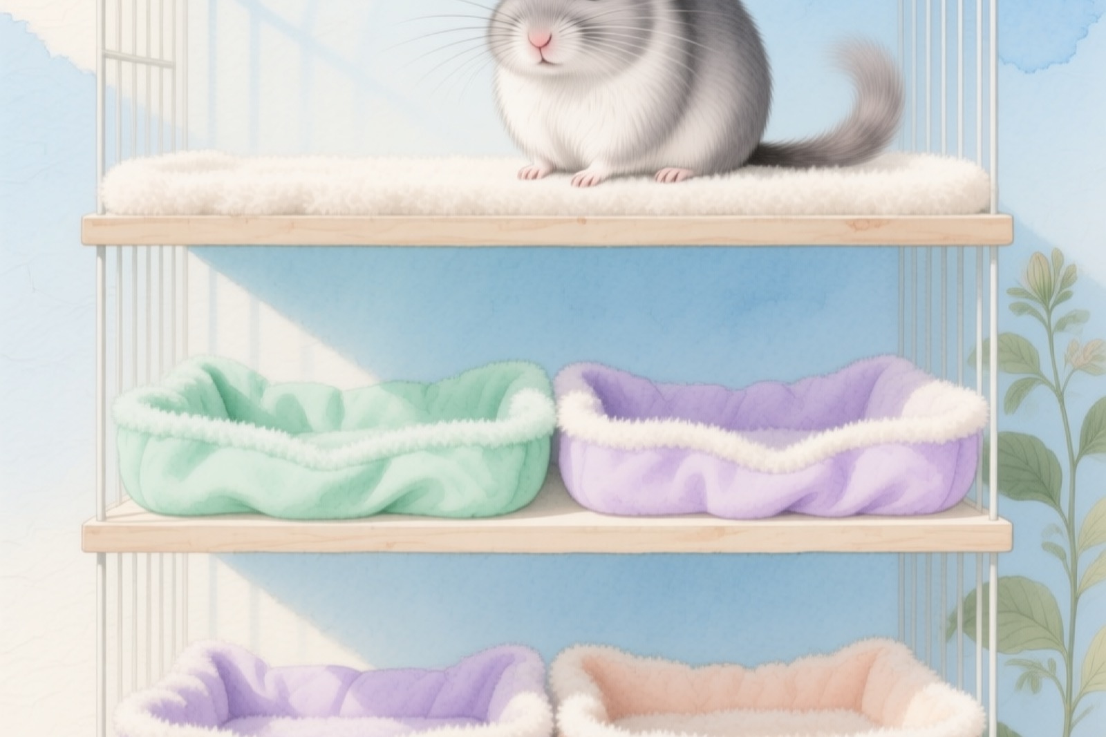 Interior view of a multi-level chinchilla cage with fleece liners covering each wooden shelf, clean gray fleece fabric, a wooden hideout and ledges visible, showing a practical fleece bedding setup