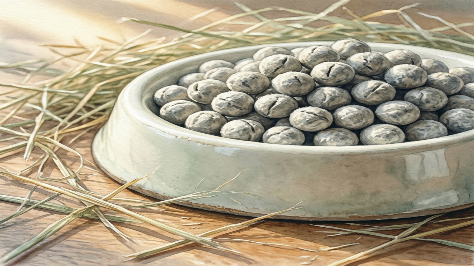 Uniform chinchilla pellets in a ceramic bowl with Timothy hay