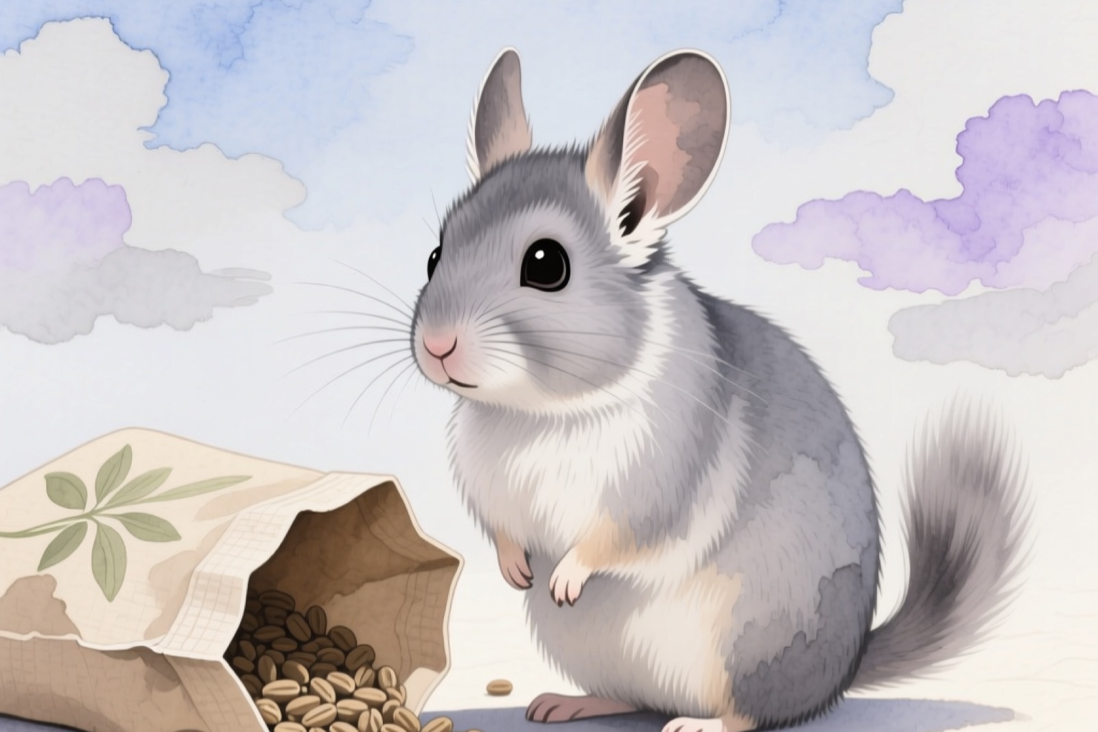 Gray chinchilla near an open bag of chinchilla food pellets