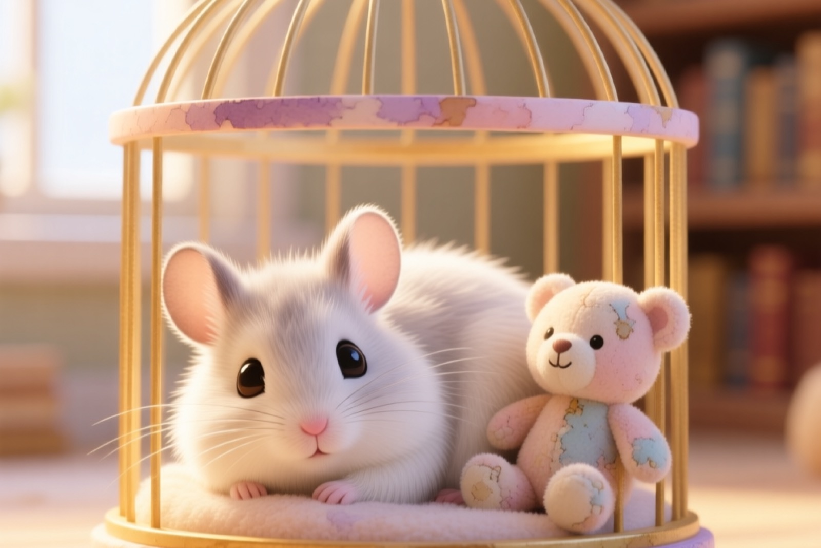 A chinchilla curled up next to a small plush chinchilla-shaped companion toy inside a wire cage, the chinchilla appearing relaxed and calm, soft warm lighting, cozy cage atmosphere