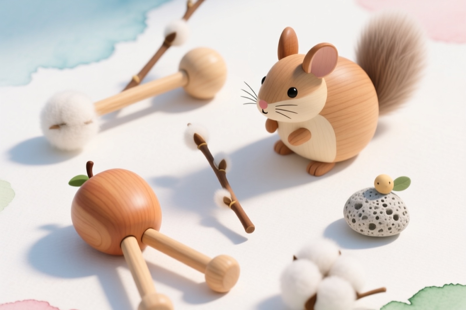 Overhead flat lay of various chinchilla-safe wooden toys arranged on a clean white surface — apple wood sticks, willow balls, pumice stone, grape vine branches, and chew blocks, natural lighting, educational composition