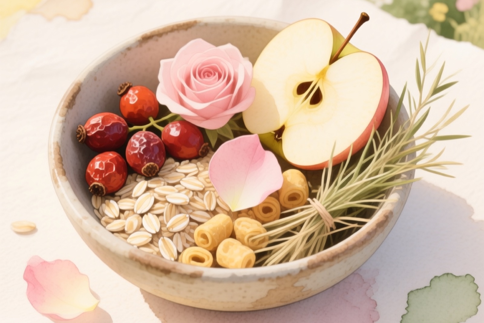 Flat lay of safe chinchilla treats — dried rose hips, rolled oats, rose petals
