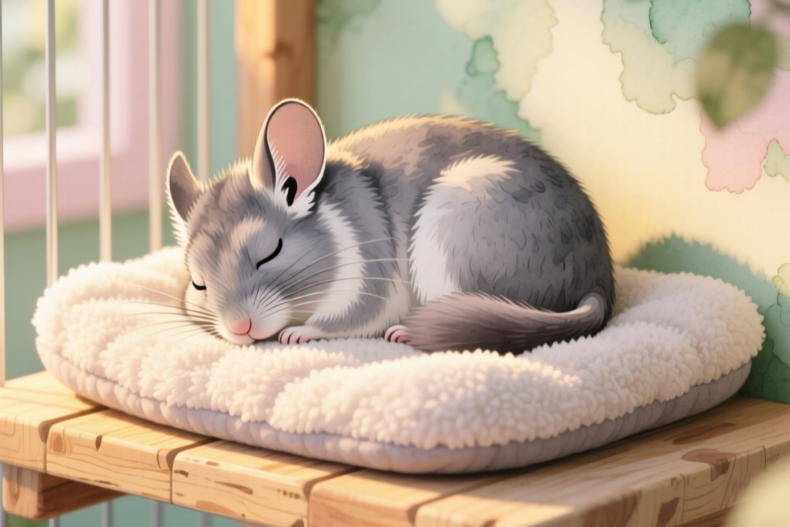 Chinchilla curled up peacefully sleeping on a soft washable fleece bed mat on a cage shelf, warm cozy lighting, showing the comfort benefit of washable bedding