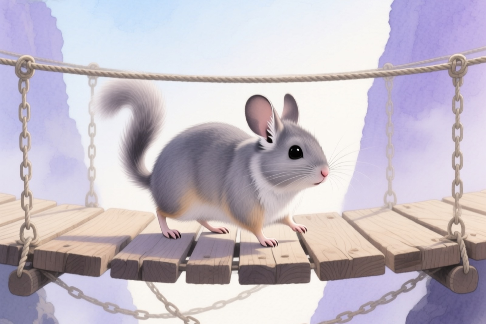 A chinchilla walking across a wooden suspension bridge mounted inside a tall wire cage, the bridge connecting two wooden shelf platforms, the chinchilla mid-step with ears perked