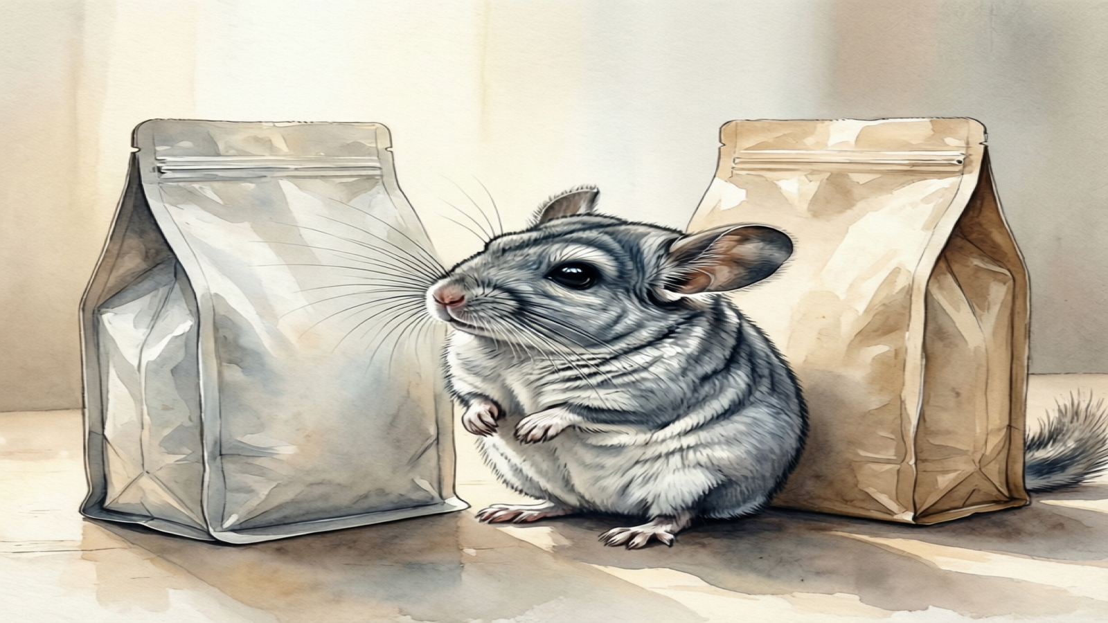 Two pet food bags with a chinchilla sniffing between them