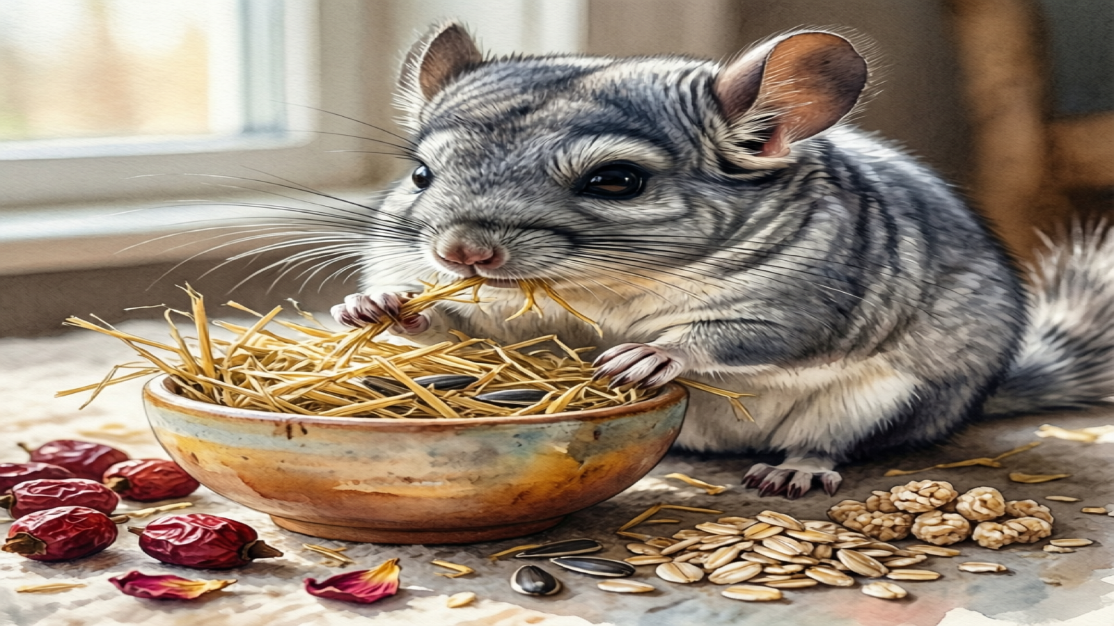Chinchilla eating Timothy hay from a ceramic bowl with safe treats nearby