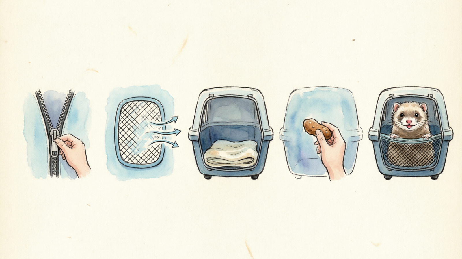 Five ferret carrier safety steps horizontal: zipper test hand, mesh ventilation with airflow arrows, blanket in carrier, treat offering hand, happy ferret peeking from carrier, watercolor illustration on cream background