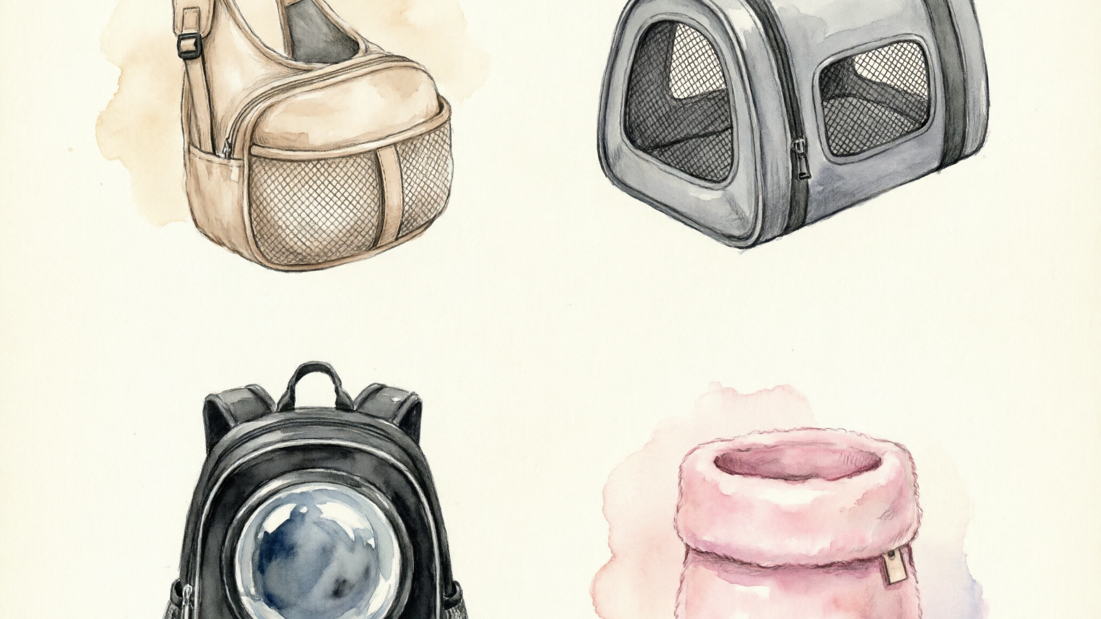 Four ferret carrier types 2x2 grid: beige shoulder sling with mesh, gray soft-sided travel carrier with mesh windows, black bubble backpack, pink fleece bonding pouch, watercolor illustration on cream background