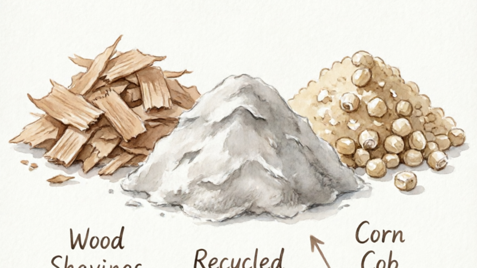 Comparison of different ferret litter materials including paper pellets, wood pellets, and wheat straw