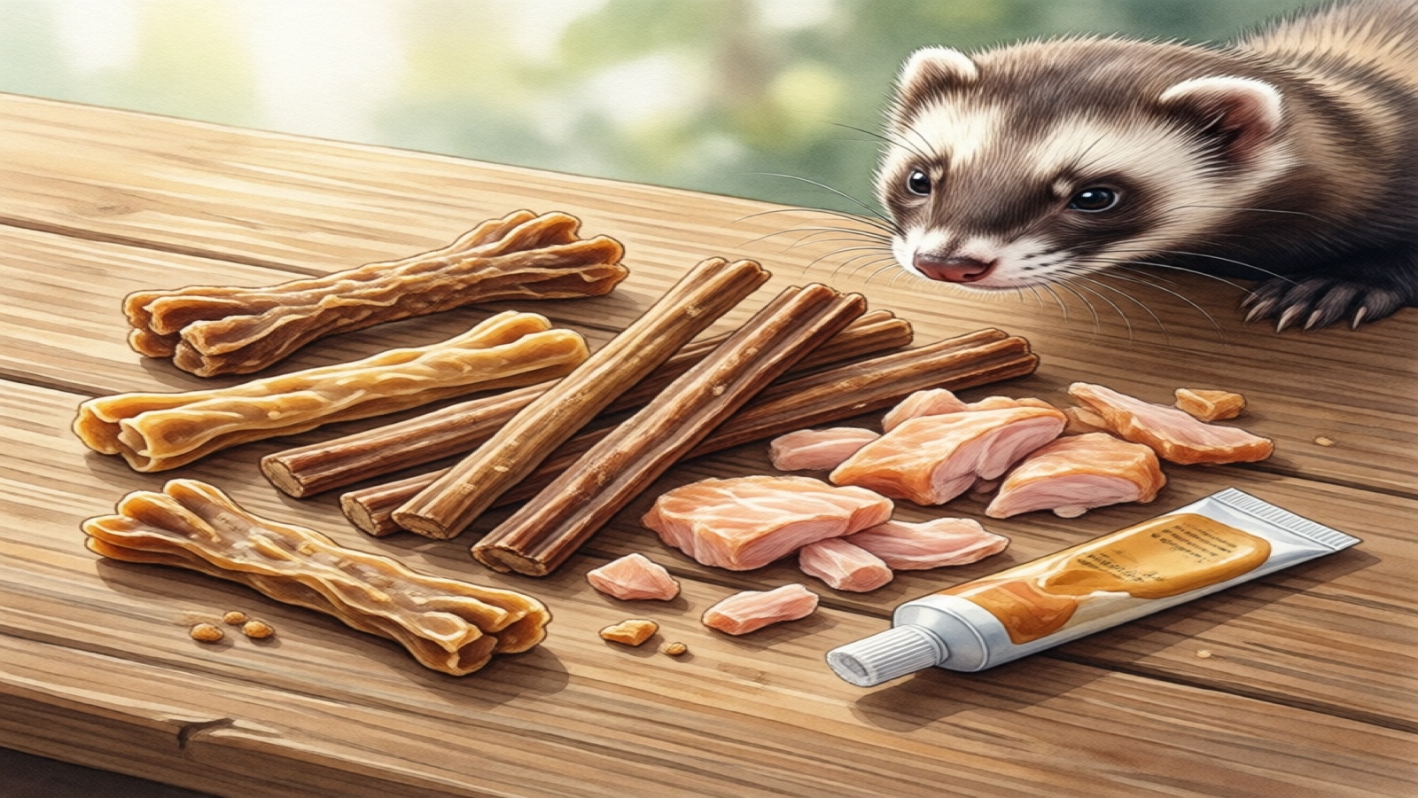 Assorted ferret treats laid out on a wooden surface — soft treats, chew sticks, freeze-dried meat pieces, and paste tube, with a ferret looking at them curiously