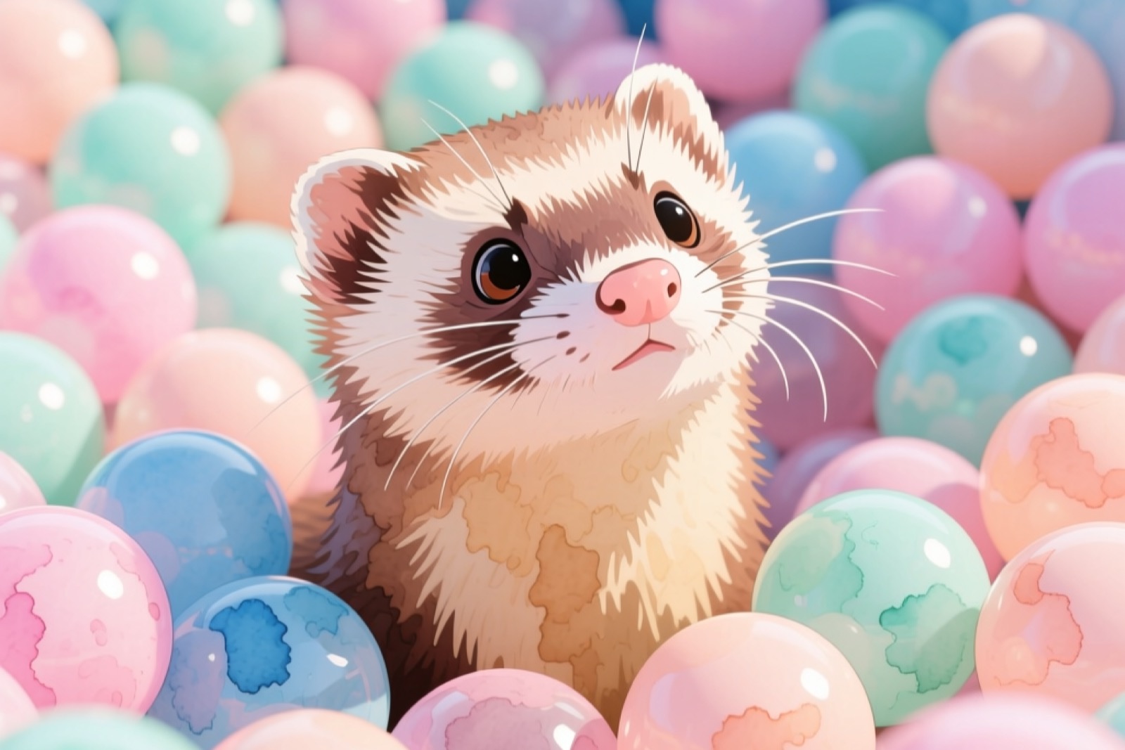 A ferret diving headfirst into a colorful plastic ball pit, surrounded by scattered balls on the floor, action shot showing the ferret's back half sticking out of the pit, indoor home setting