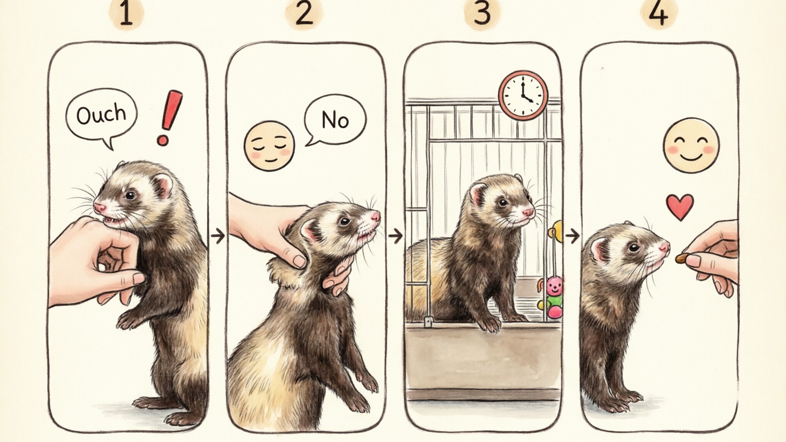Step-by-step training method to stop ferret biting