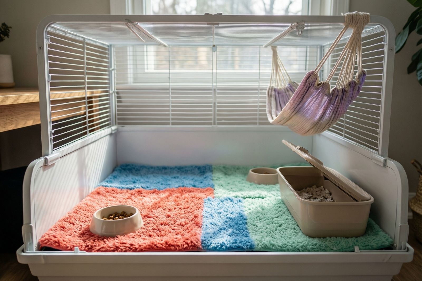 A clean ferret cage interior with organized fleece liners and accessories