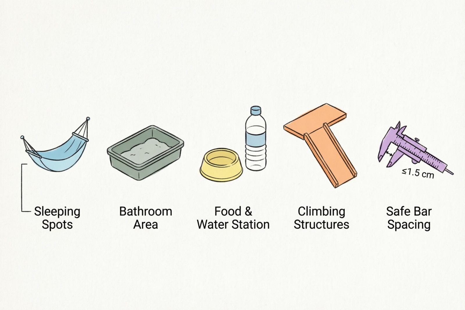 Hand-drawn diagram showing 5 essential elements of a ferret cage