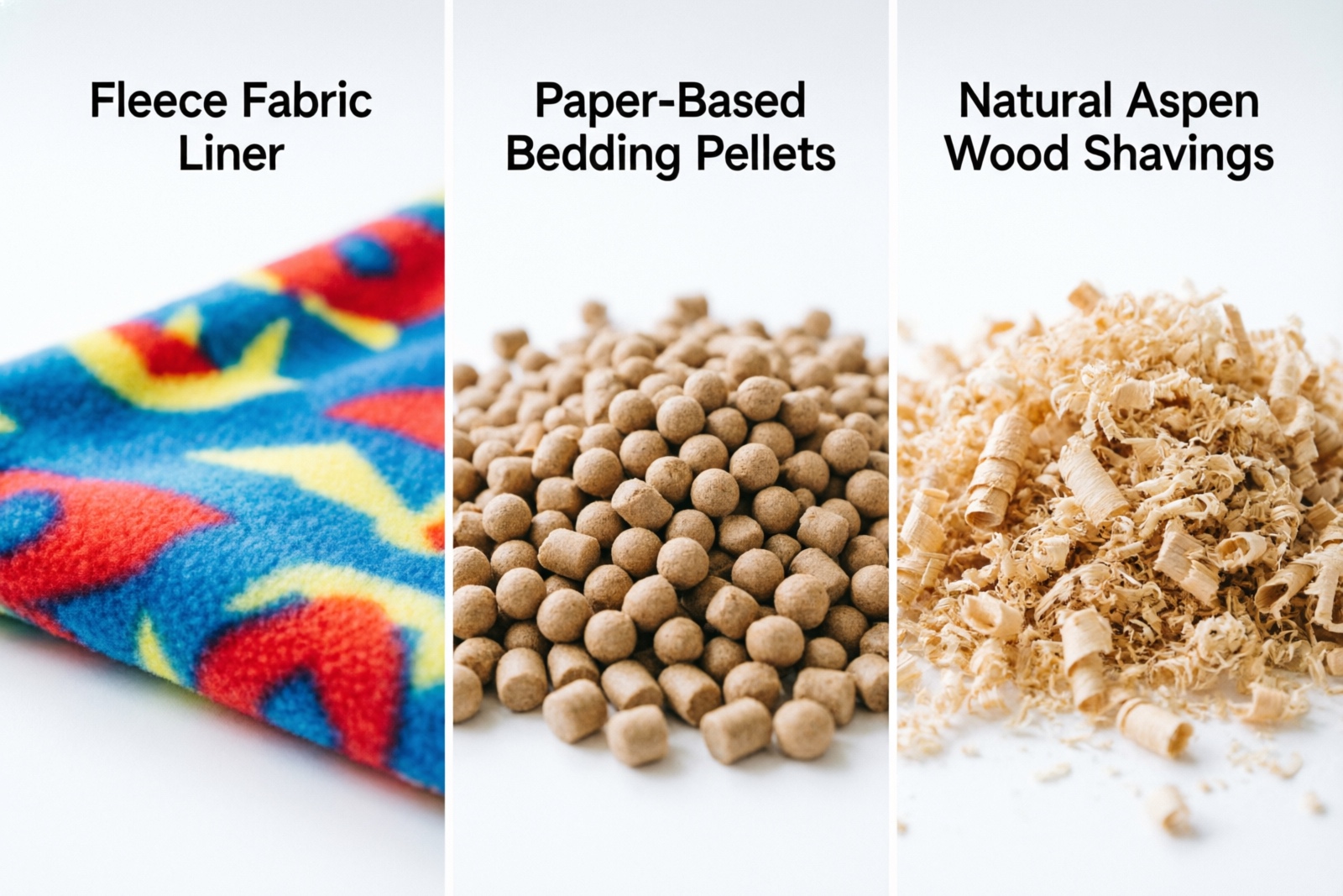 Comparison of three ferret cage liner types: fleece liners, paper bedding, and aspen shavings