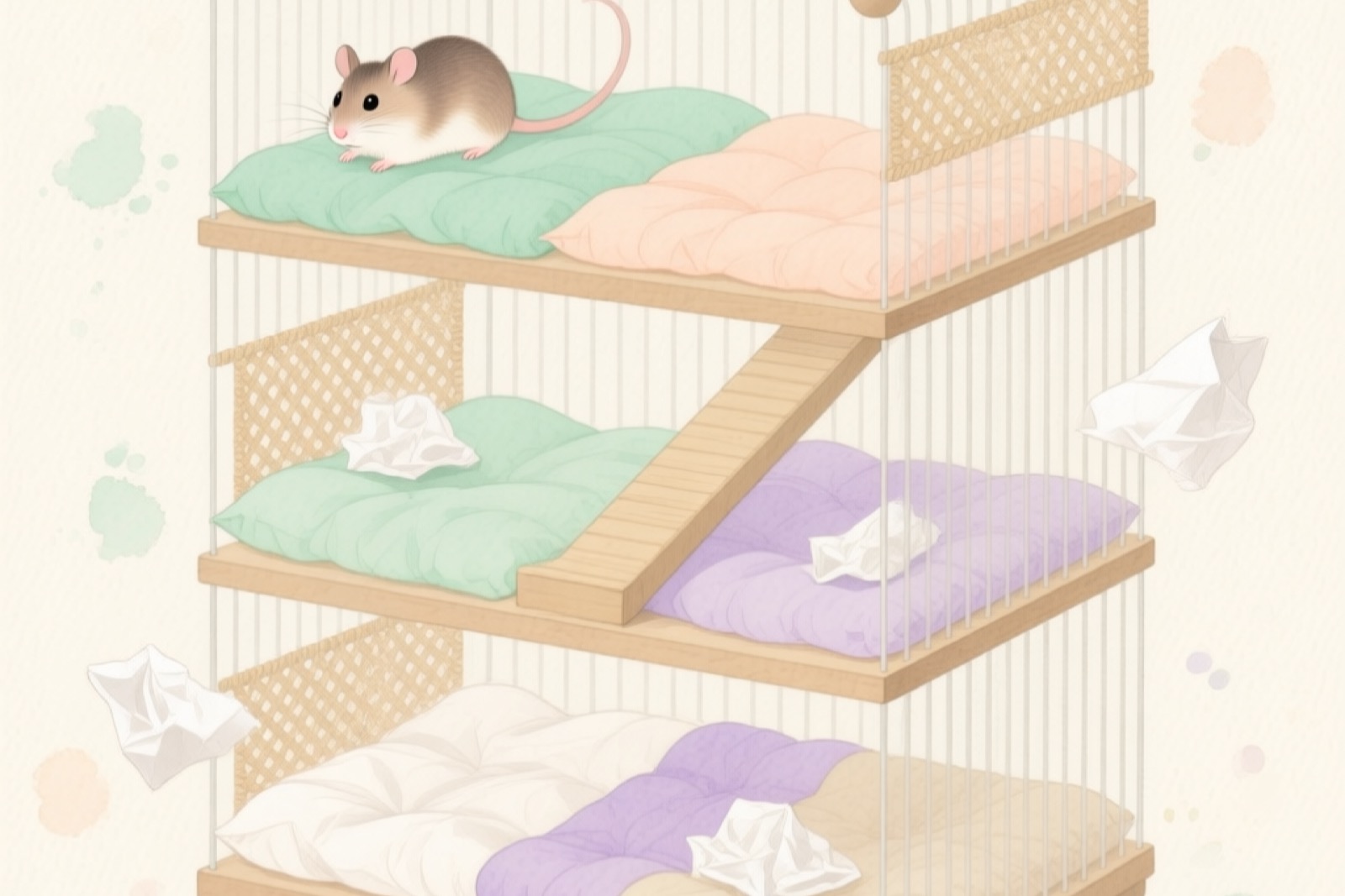 Ferret cage with paper bedding setup in multi-level enclosure
