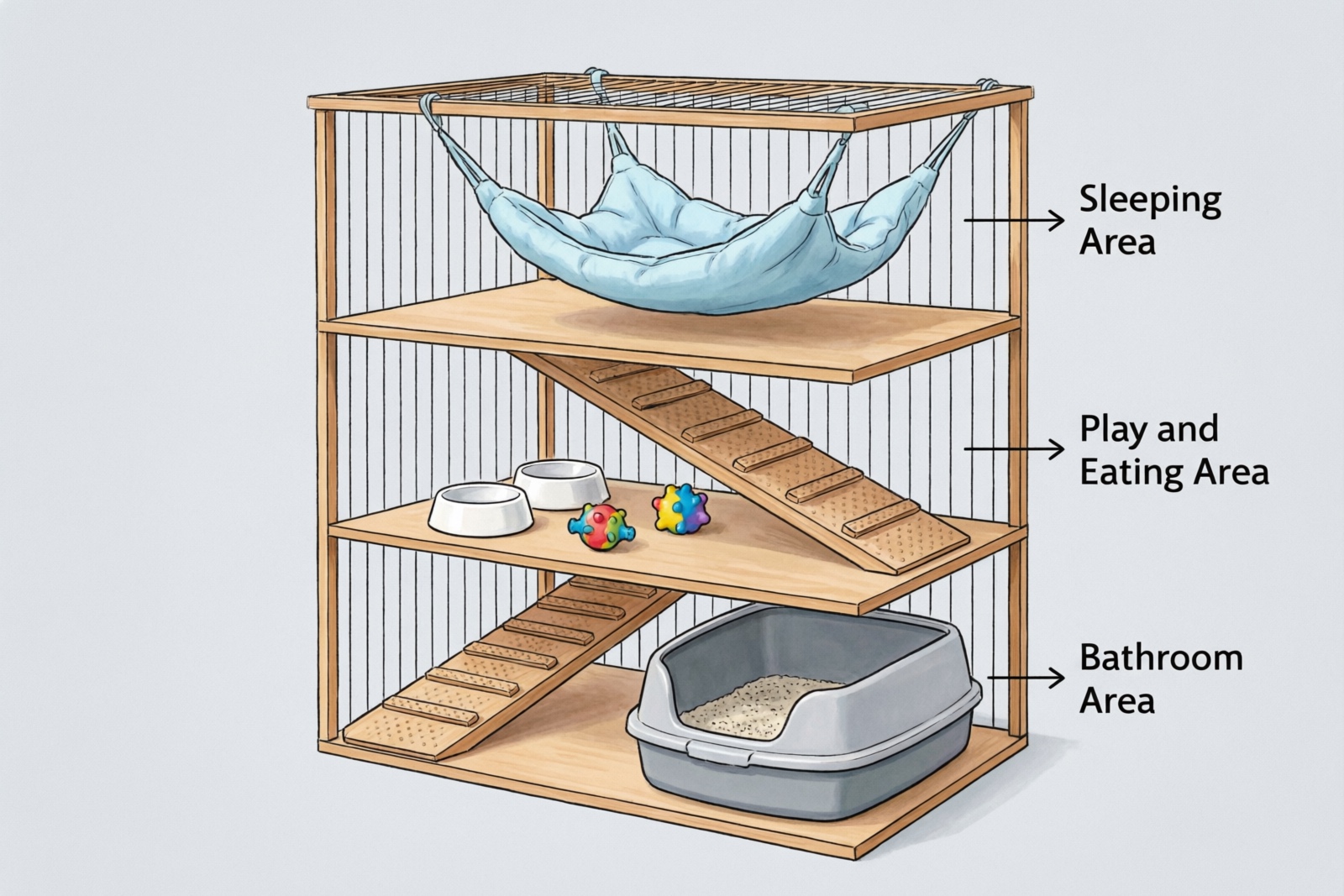 Diagram showing proper multi-level ferret cage setup with sleeping area, play zone, and bathroom section
