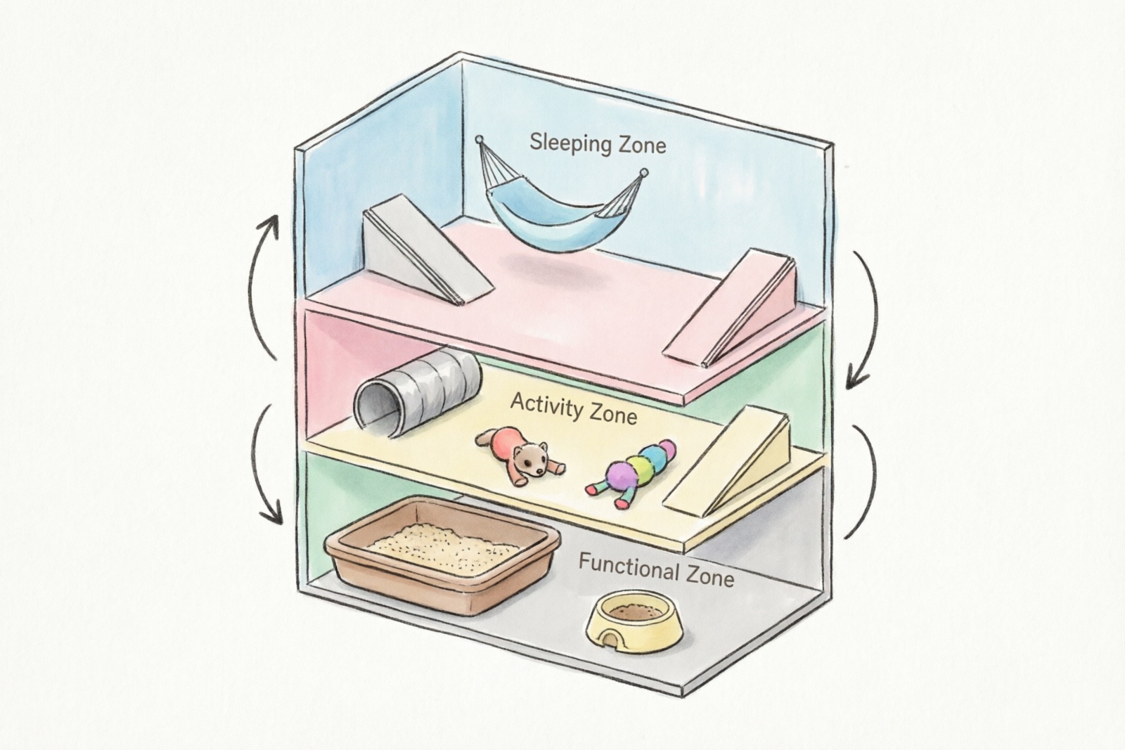 Hand-drawn diagram showing multi-level ferret cage zone layout