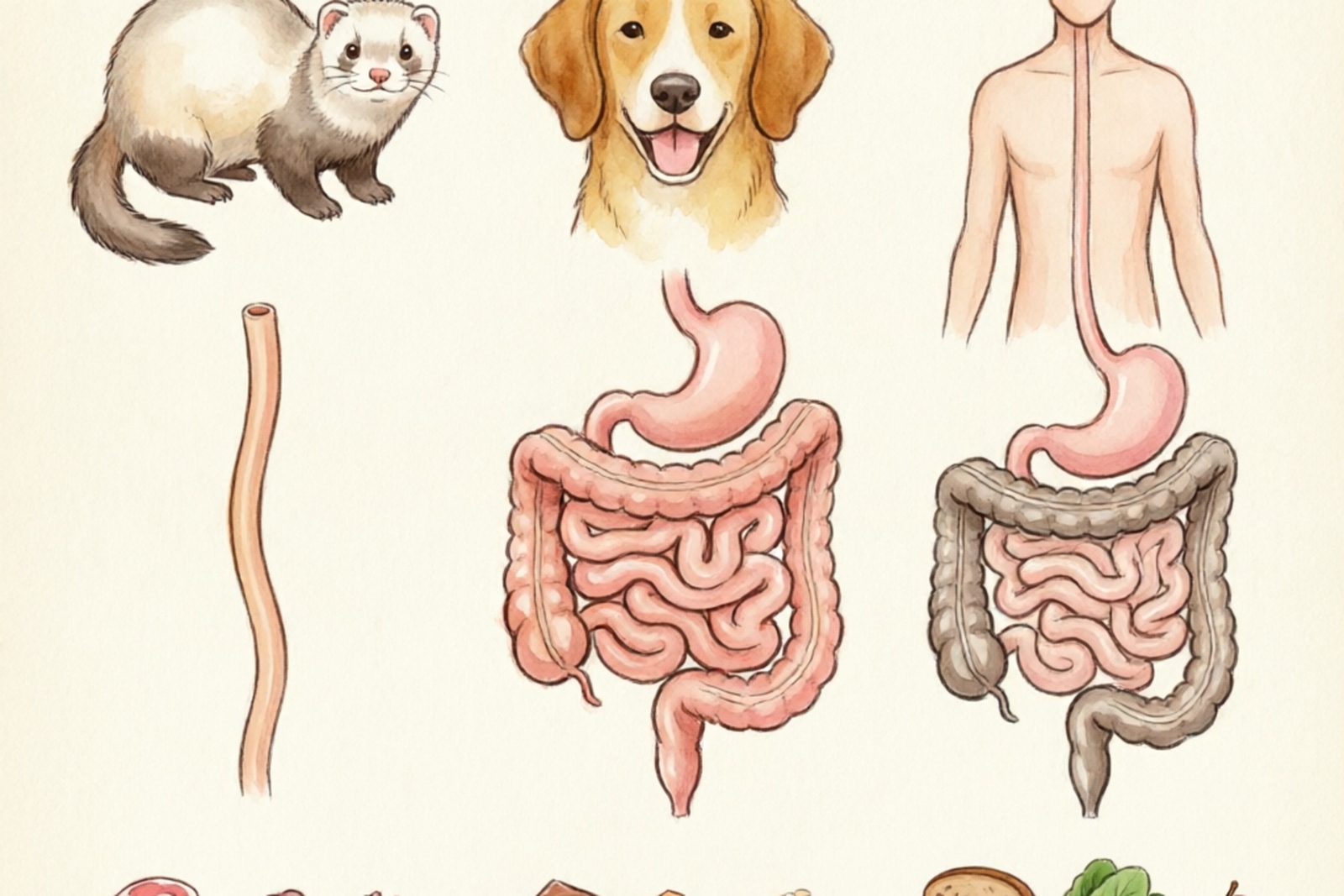 Ferret digestive system comparison: obligate carnivore vs omnivore digestive tracts