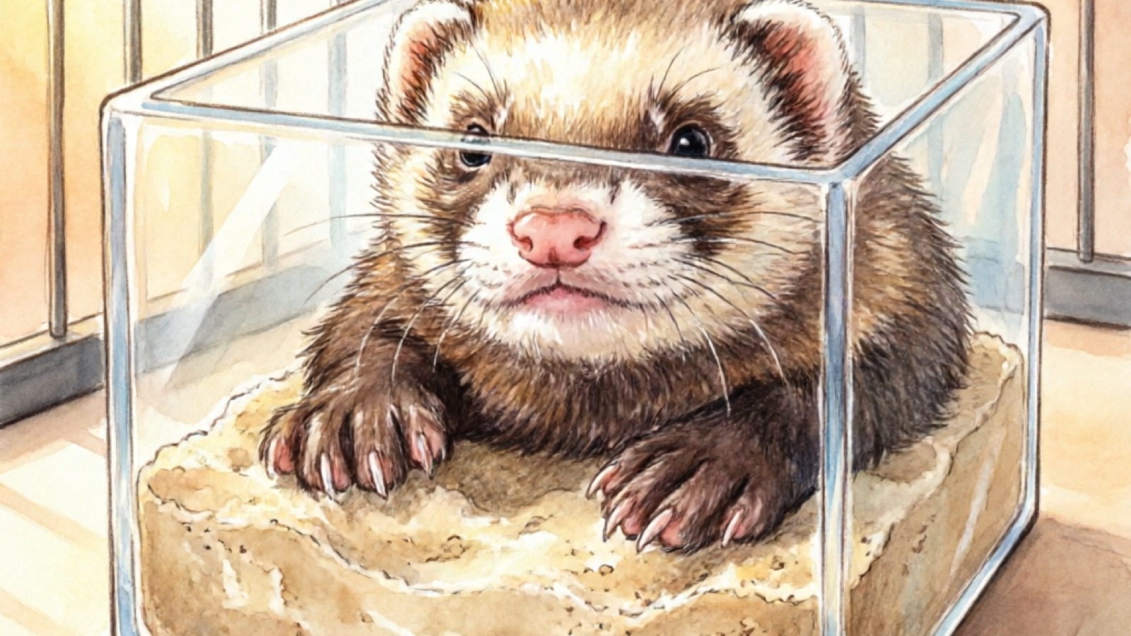 Ferret digging box filled with safe sand