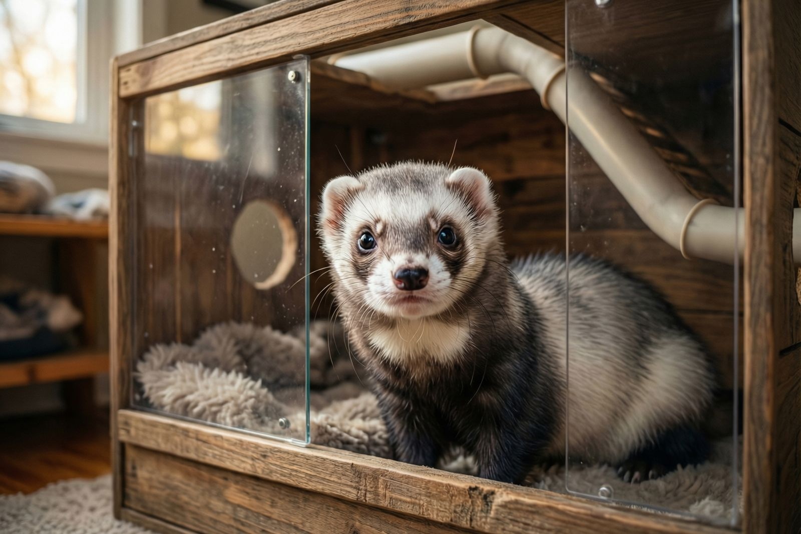 A ferret peeking out from a custom DIY cage enclosure