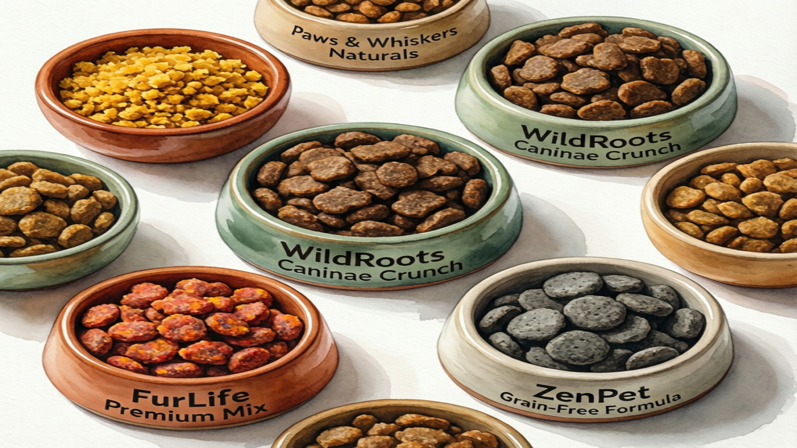 Multiple ferret food kibble brands in colorful ceramic bowls