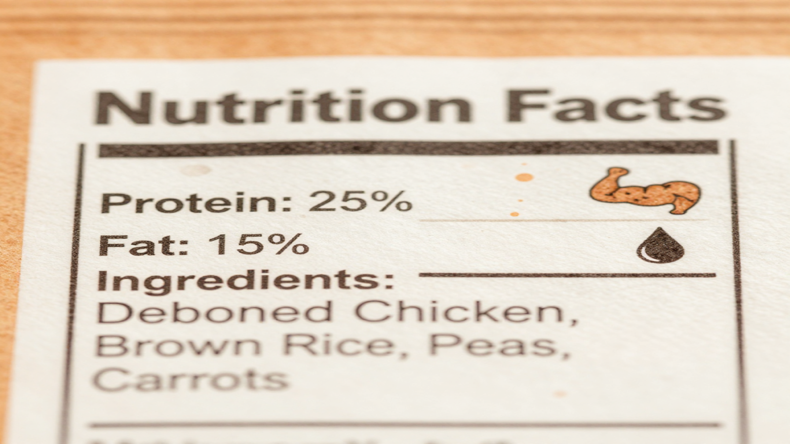 Pet food nutrition label with protein and fat percentages