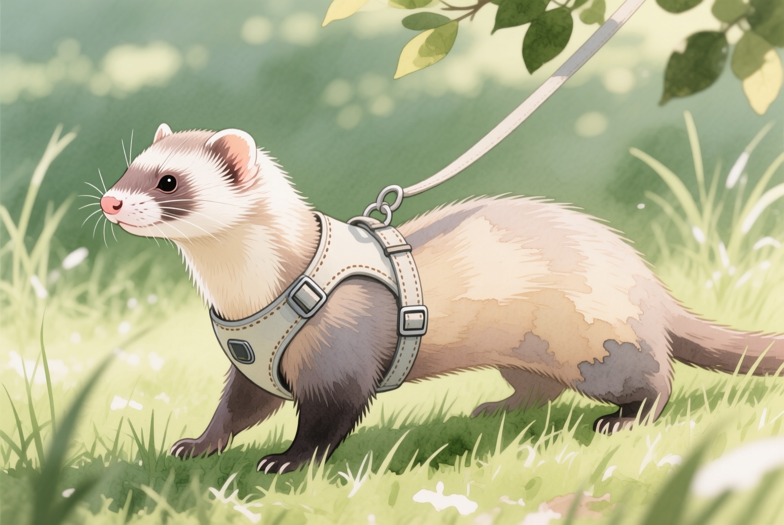 Ferret wearing an escape-proof harness while walking outdoors on green grass