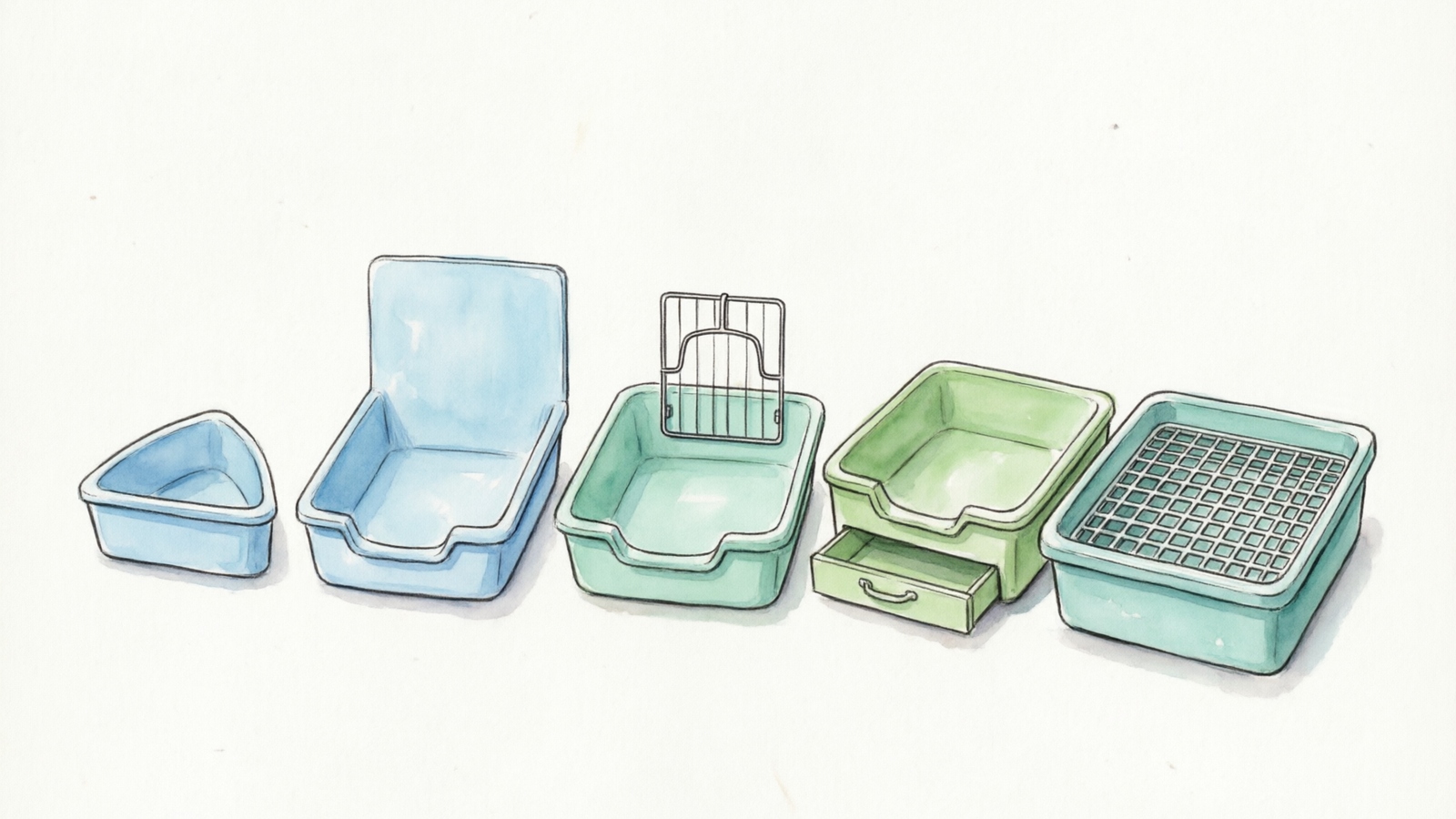 Five ferret litter box design types compared side by side