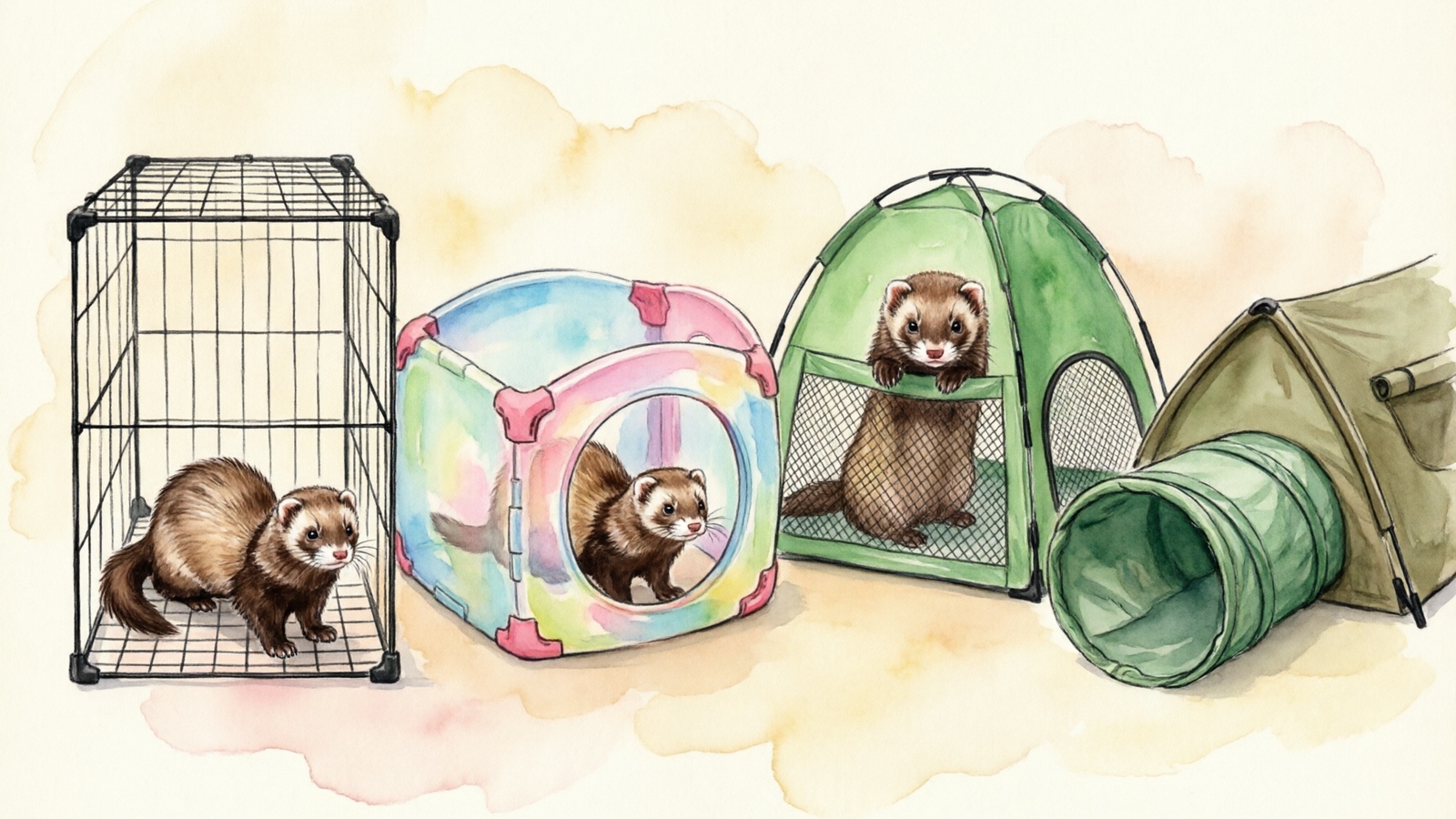 Hand-drawn watercolor comparison of four ferret playpen types: wire panel, plastic panel, pop-up tent, and tent with tunnel