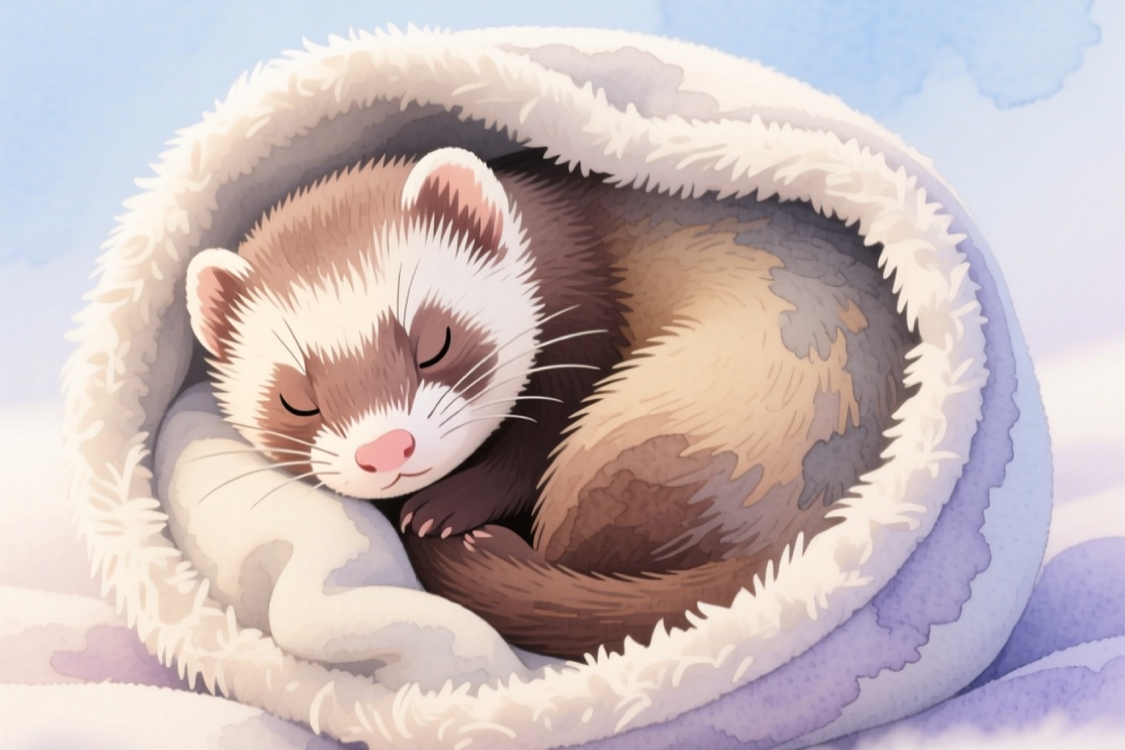 A ferret curled up sleeping inside a brown bear-shaped fleece sleep sack, the ferret's head poking out of the bear's mouth opening, soft indoor lighting, cozy cage environment