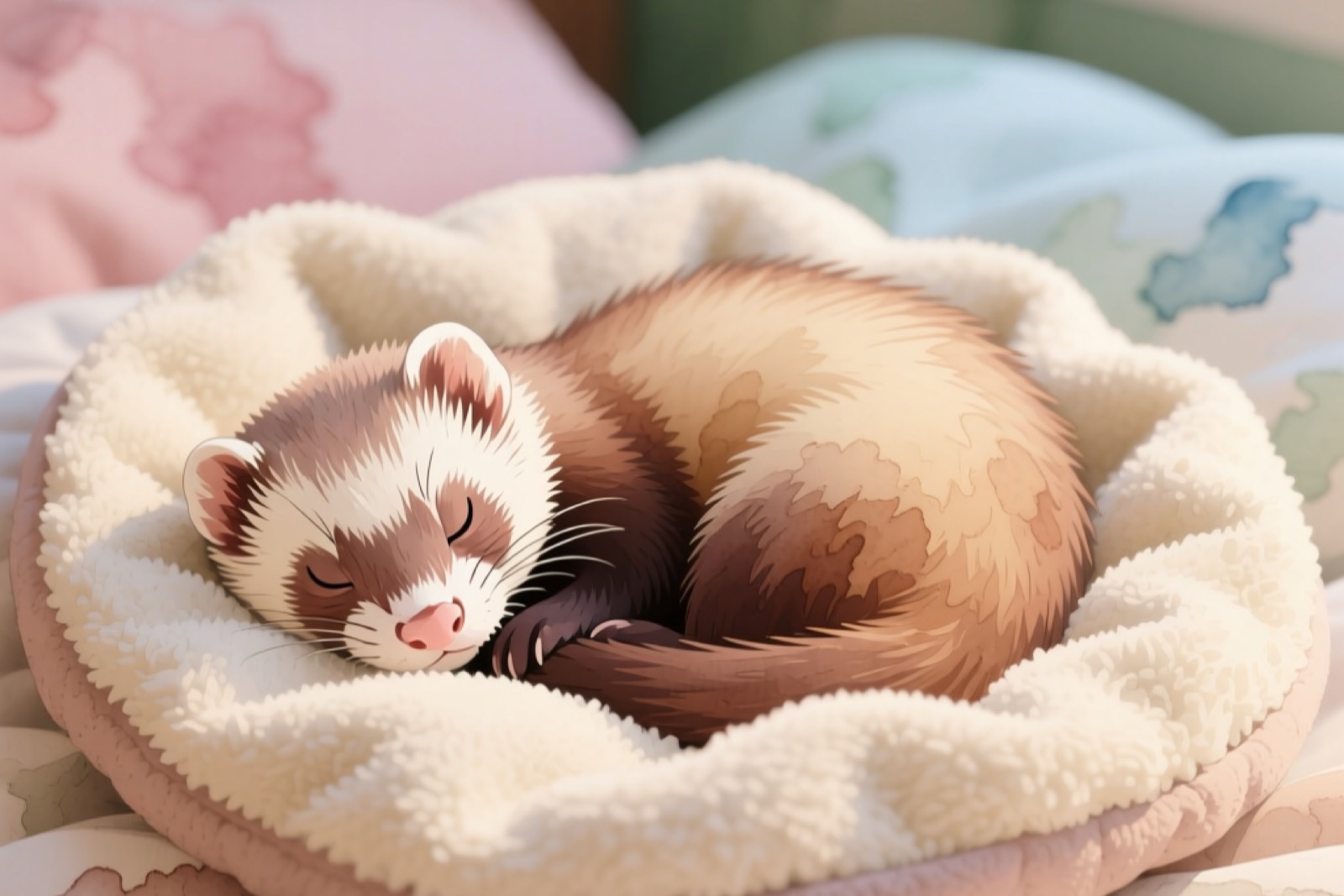 Ferret sleeping curled up on soft fleece liner