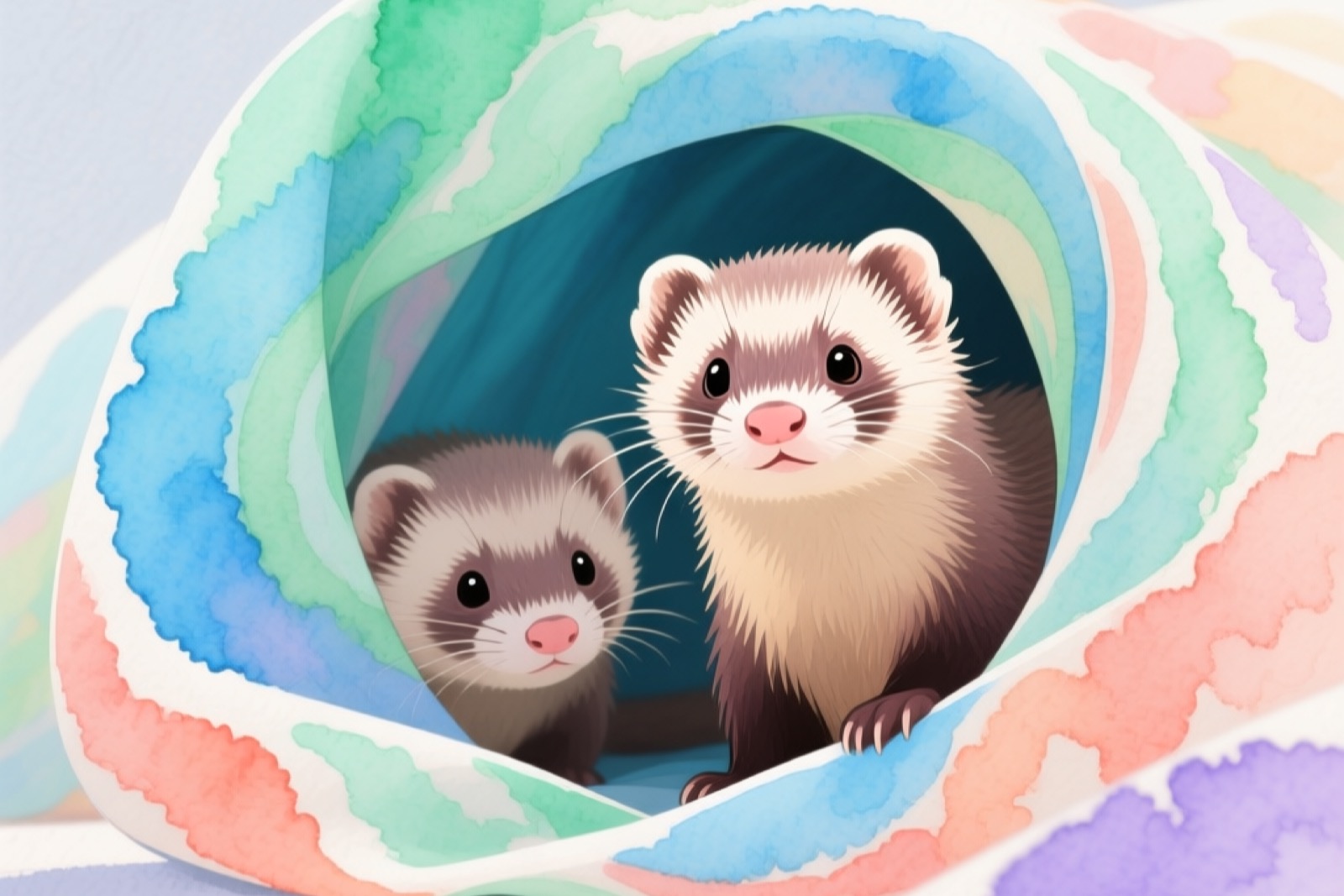 Two ferrets playing inside and around a canvas turtle-shaped tunnel on a carpeted floor, one ferret poking its head out of the tunnel opening while the other waits outside, natural daylight