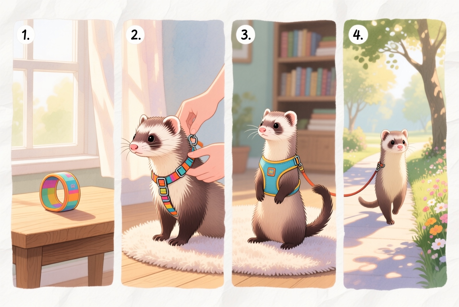 Four-panel step-by-step guide to ferret harness training: introduce, fit, indoor practice, outdoor walk
