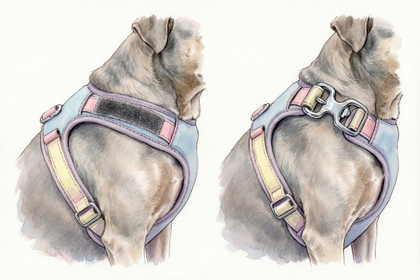 Side-by-side comparison of velcro closure vs buckle closure on ferret harnesses