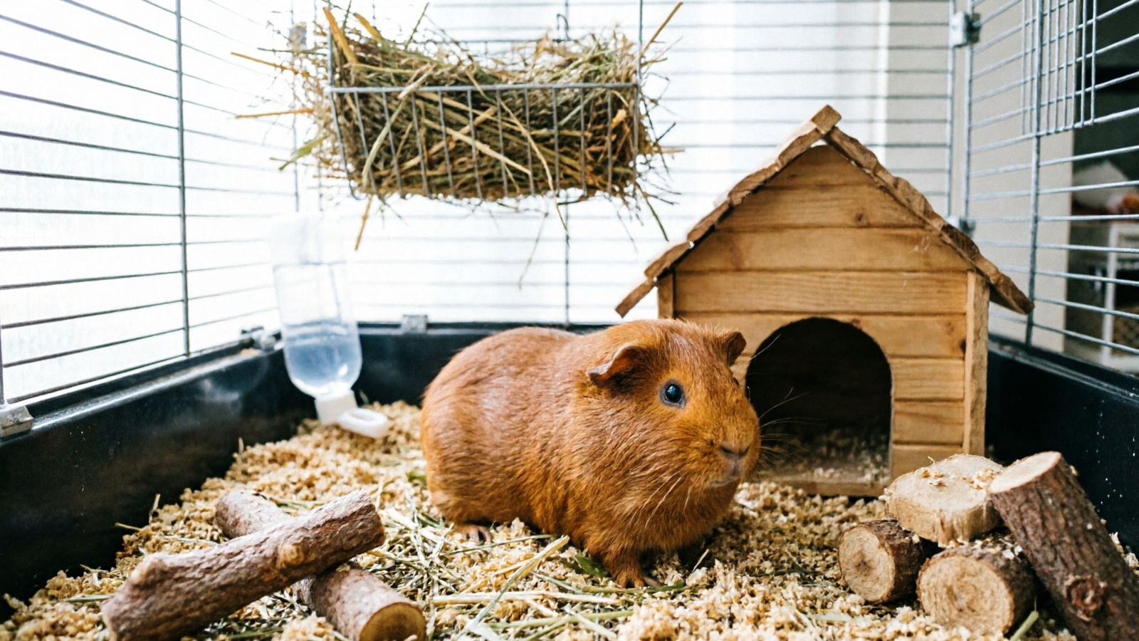Abyssinian guinea pig in a properly setup cage with enrichment
