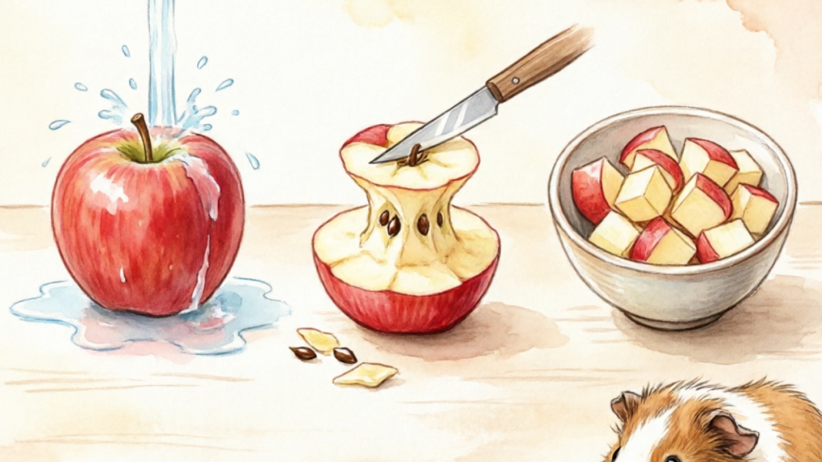 Apple preparation steps for guinea pigs: washing, coring, and slicing