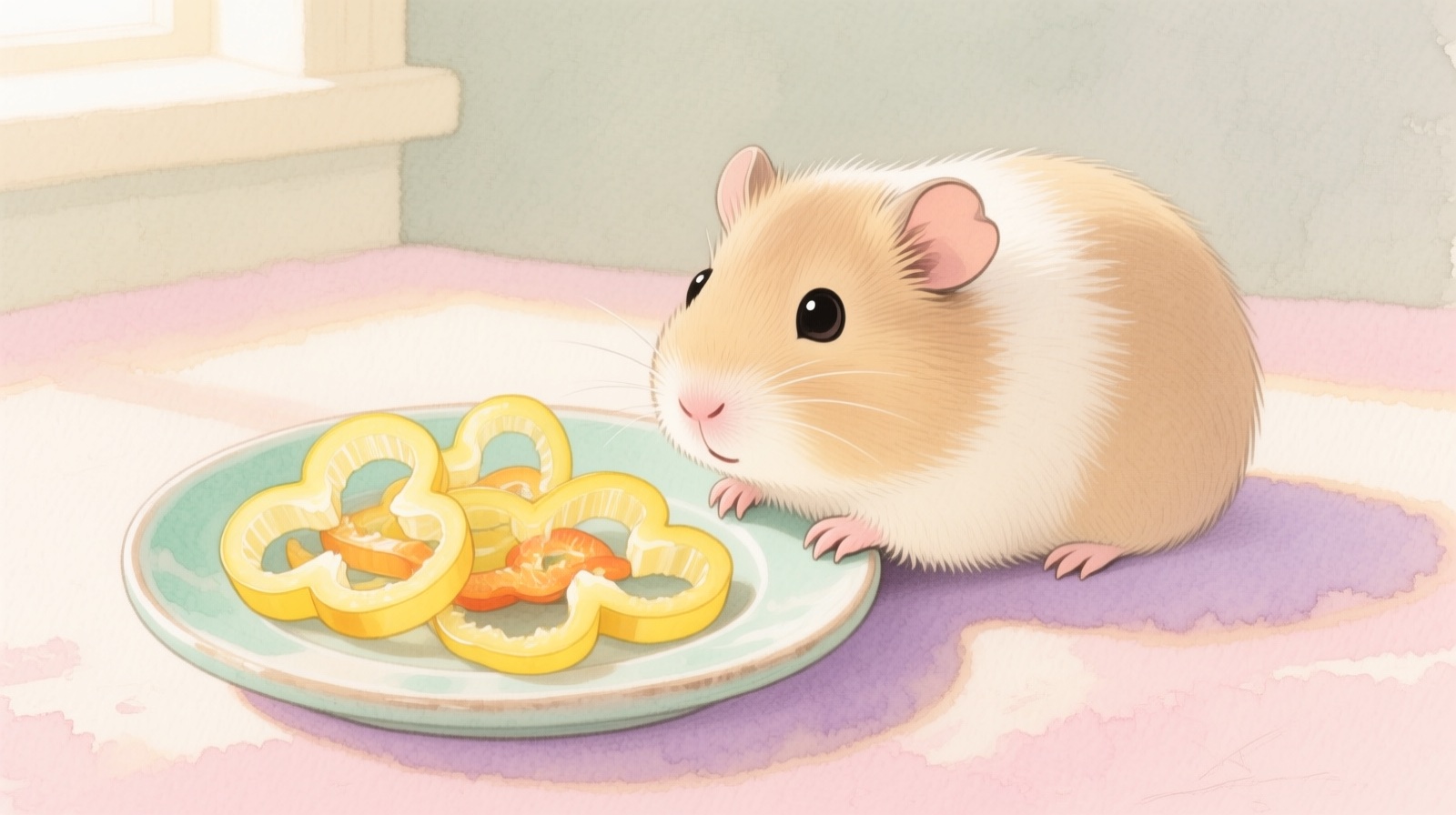 Guinea pig eating a slice of yellow bell pepper