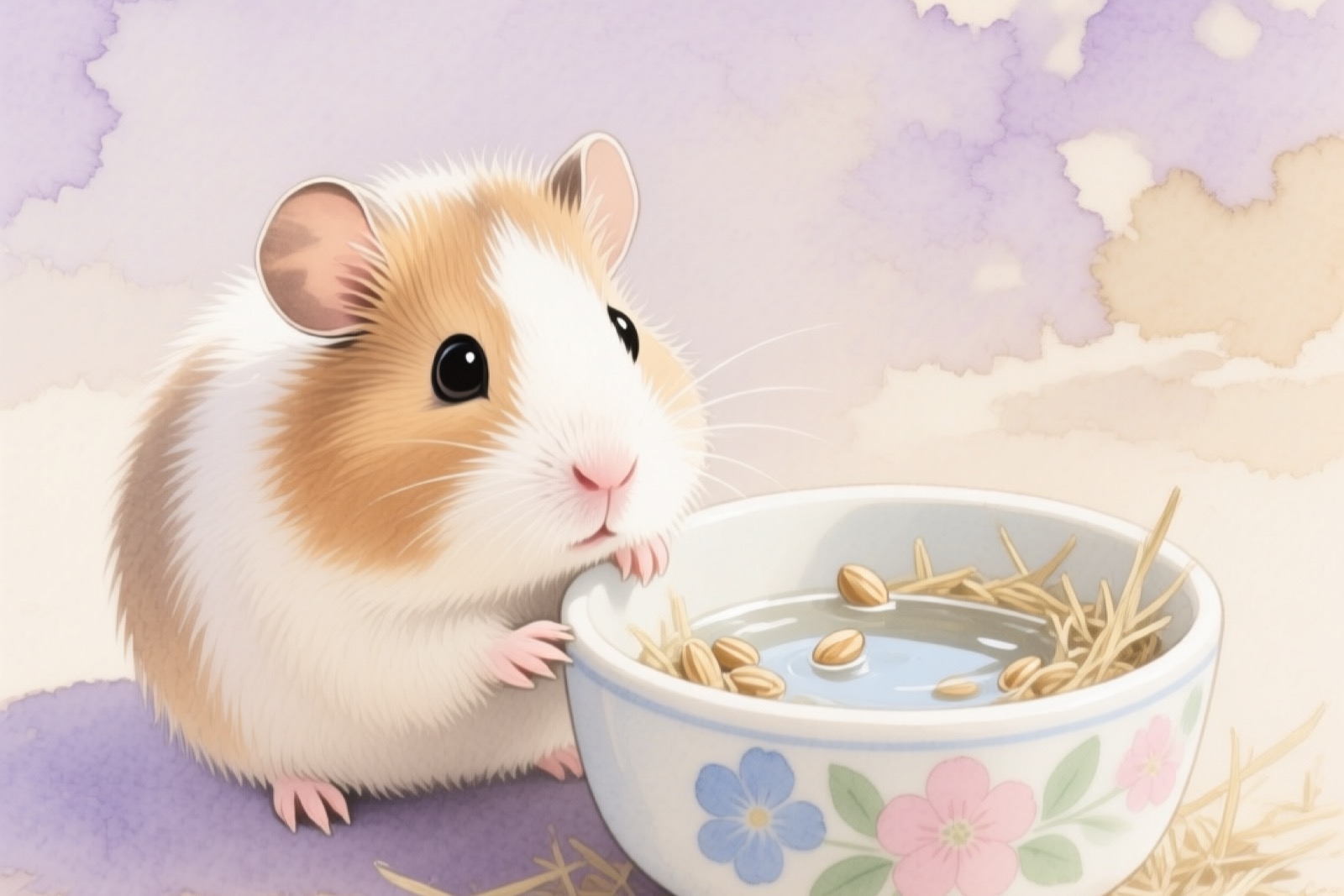 Small baby guinea pig next to ceramic food bowl with pellets