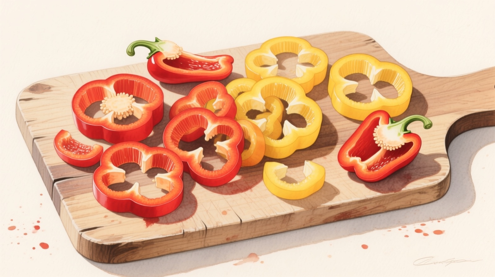 Colorful bell peppers sliced into strips on a cutting board