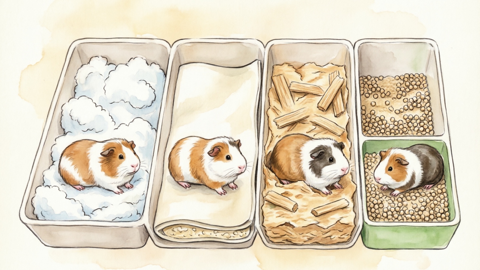 Hand-drawn watercolor illustration comparing four guinea pig bedding types with cost odor control and comfort ratings