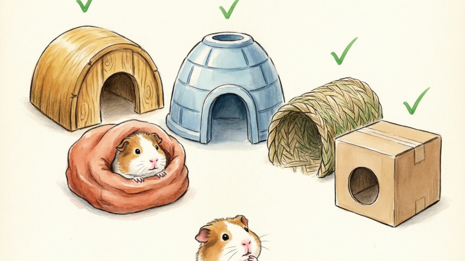 Comparison of five guinea pig hideout materials: wood, fabric, plastic, grass, and cardboard